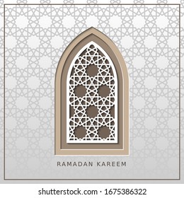 Ramadan kareem, generous Ramadan, card with arabic window. Vector papercut geometric template of card for ramadan greeting.