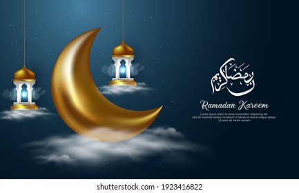 Ramadan Kareem (Generous Ramadan) greetings in Arabic freehand with mosque for Islam religious festival Eid. vector illustration