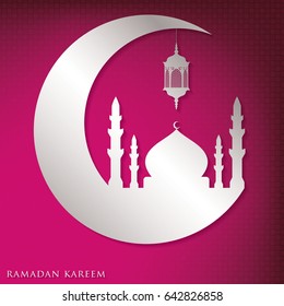 Ramadan Kareem (Generous Ramadan) moon, mosque and lantern card in vector format.