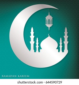 Ramadan Kareem (Generous Ramadan) moon, mosque and lantern card in vector format.