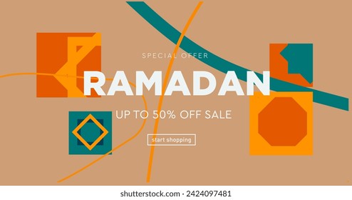 Ramadan Kareem with Geometric Patterns. Modern Background Concept for Advertising, Web, Poster, Social Media, Banner, Cover. 3D Sale 50% Off. Vector Illustration