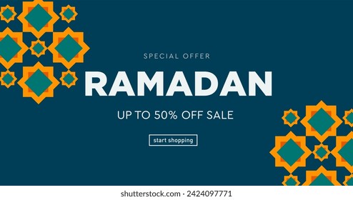Ramadan. Ramadan Kareem with Geometric Patterns. Modern Background Concept for Advertising, Web, Poster, Social Media, Banner, Cover. 3D Sale 50% Off. Vector Illustration