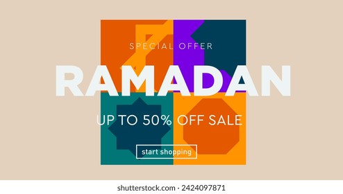 Ramadan Kareem with Geometric Patterns. Modern Background Concept for Advertising, Web, Poster, Social Media, Banner, Cover. 3D Sale 50% Off. Vector Illustration