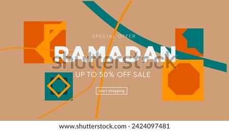 Ramadan Kareem with Geometric Patterns. Modern Background Concept for Advertising, Web, Poster, Social Media, Banner, Cover. 3D Sale 50% Off. Vector Illustration