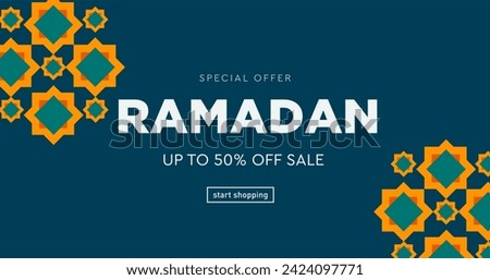 Ramadan. Ramadan Kareem with Geometric Patterns. Modern Background Concept for Advertising, Web, Poster, Social Media, Banner, Cover. 3D Sale 50% Off. Vector Illustration
