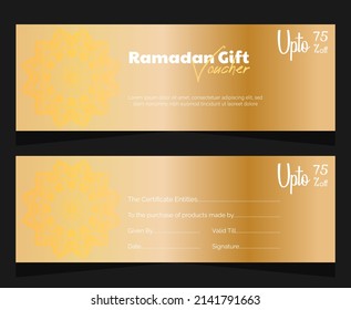 Ramadan Kareem gift voucher template for promotion sale and discount. Golden gift card for celebration and advertising. Vector graphics