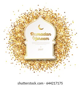 Ramadan Kareem glittering greeting card with mosque shaped frame on golden scattered sequins or confetti. Vector Illustration.