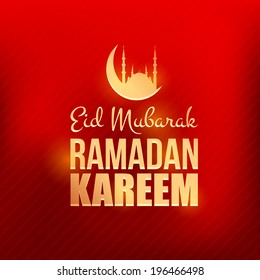 Ramadan Kareem Glossy Gold Badge - Islamic Holy Nights Theme Vector Design - Arabic "Eid Mubarak", "be Blessed" at English