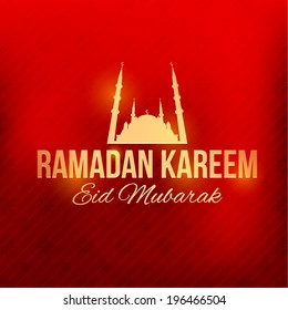 Ramadan Kareem Glossy Gold Badge - Islamic Holy Nights Theme Vector Design - Arabic "Eid Mubarak", "be Blessed" at English
