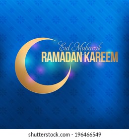 Ramadan Kareem Glossy Gold Badge - Islamic Holy Nights Theme Vector Design - Arabic "Eid Mubarak", "be Blessed" at English