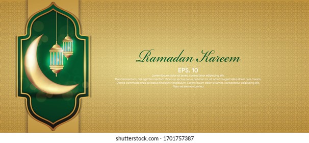 Ramadan Kareem glowing gold arabic lamp design card background . Vector illustration.