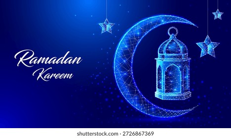 Ramadan Kareem glowing moon, lantern and star low poly digital illustration on blue background