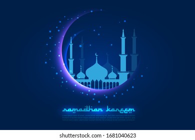 Ramadan Kareem. Glowing moon, a mosque and stars in the dark blue sky. Greeting card design, an invitation for Muslim's holy month,