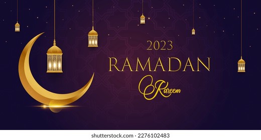 Ramadan Kareem in gold 3d concept banner on dark background with beautiful arabesque pattern. Vector illustration. Hanging golden arabian traditional lanterns and stars.