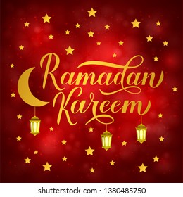 Ramadan Kareem gold calligraphy lettering with lanterns on red background. Muslim holy month typography poster. Vector template for Islamic traditional banner, greeting card, flyer, invitation.