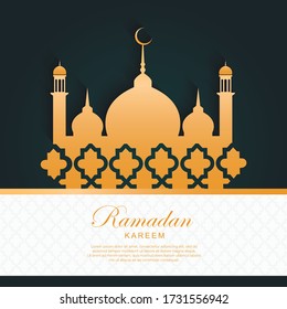 Ramadan Kareem in gold color on a dark green background and a drawing of a mosque. Banner template for specific Islamic holidays. Vector illustration