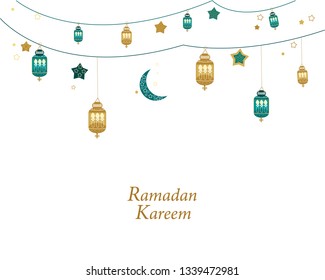 Ramadan Kareem gold and green colored with lamps, crescents and stars. Traditional lantern of Ramadan greeting card
