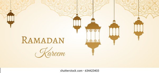 Ramadan Kareem gold greeting background template arabic design patterns and lanterns, arabic lamp for promotion banner, ads, flyers, invitation, posters, brochure, discount, sale offers. Vector EPS 10