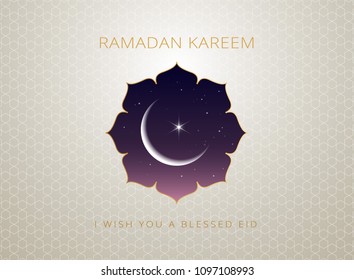 Ramadan Kareem gold greeting card vector design & islamic line art illustration with moon and golden text ‘Ramadan Kareem’. Islamic background with islamic illustration