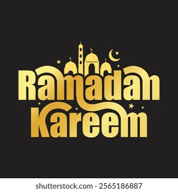 Ramadan kareem gold luxury typography greeting card with mosque, stars and moon vector illustration. Muslim religious holy month celebration poster, banner, template design. Ramadan logo, calligraphy.