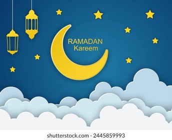 Ramadan Kareem with Gold Moon, 3d Paper cut Clouds and Stars on Night Sky Background. Vector illustration. Traditional Lanterns and Place for your Text.