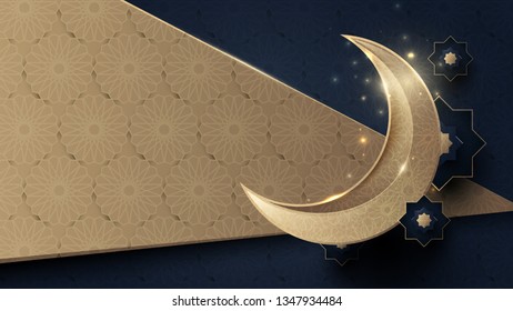 Ramadan Kareem. Gold moon and abstract luxury gold and dark blue islamic elements background