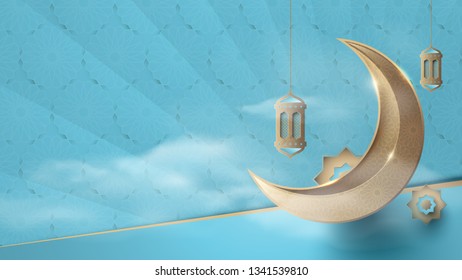 Ramadan Kareem. Gold moon and elements. Abstract luxury islamic pattern background