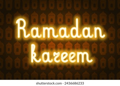 Ramadan Kareem. Gold neon lettering. Glowing holiday text. Color vector illustration. Background of brown lanterns. Congratulations on Ramadan. Idea for web design.