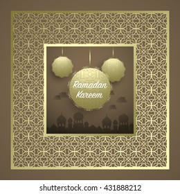 Ramadan Kareem gold patterned frame beautiful background. Greeting card