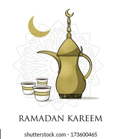 ramadan Kareem, gold pot of coffee with gold cups of coffee, stars in the background with an artistic islamic shape in the background