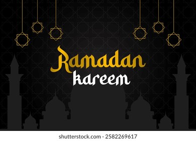 Ramadan Kareem gold and white lantern decoration isolated on black Islamic geometric background.