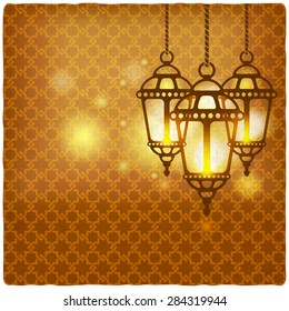 ramadan kareem golden background with shining lanterns - vector illustration. eps 10
