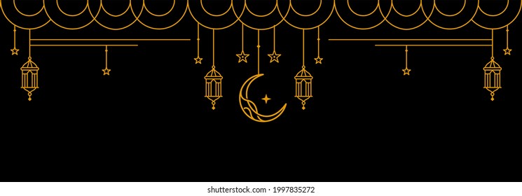 ramadan Kareem golden banner on black background, Eid Mubarak Greeting Line vector design with beautiful Glowing Lantern and elegant crescent moon star