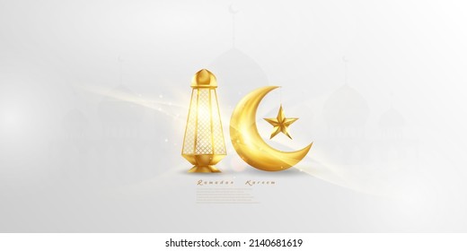 ramadan kareem golden crescent background with stars and golden lanterns 3d theme design vector illustration month concept banner