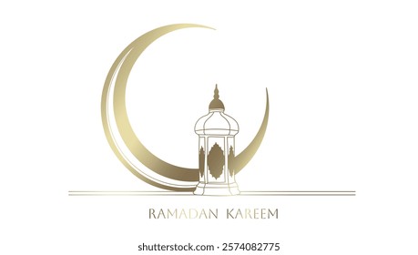Ramadan Kareem golden crescent and lantern line drawing isolated on transparent background
