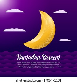 Ramadan Kareem with golden crescent moon mandala and dark night background and wave. Can be used for greeting card, background, backdrop.