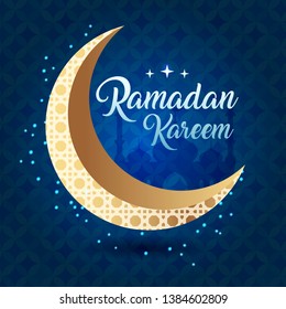 Ramadan kareem with golden crescent on blue background, template islamic ornate greeting card vector - Vector