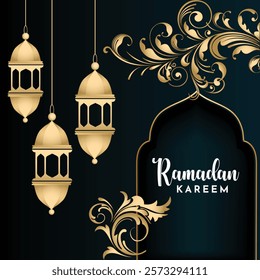 Ramadan kareem golden flower and lantern banner design