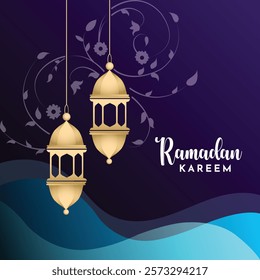 Ramadan kareem golden flower and lantern banner design
