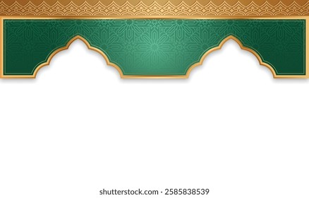 Ramadan Kareem golden frame illustration with green pattern. Arabic Islamic background banner for Eid Mubarak. Translation: "Fasting month of Muslims".