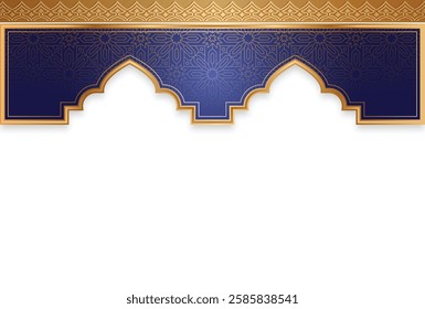 Ramadan Kareem golden frame illustration with pattern. Arabic Islamic background banner for Eid Mubarak. Translation: "Fasting month of Muslims".