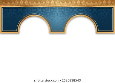 Ramadan Kareem golden frame illustration with blue pattern. Arabic Islamic background banner for Eid Mubarak. Translation: "Fasting month of Muslims".