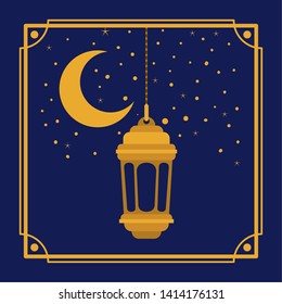 ramadan kareem golden frame with lamp and moon hanging