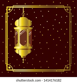 ramadan kareem golden frame with lamp hanging