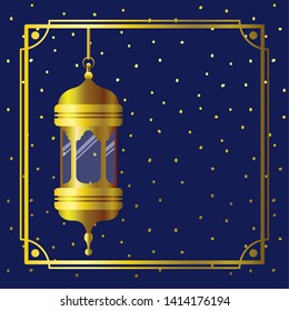 ramadan kareem golden frame with lamp hanging