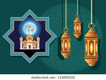 ramadan kareem golden lamps card