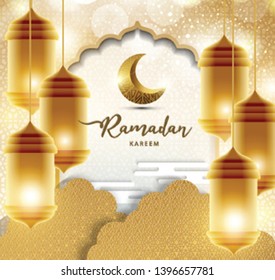 Ramadan kareem with golden lantern template islamic ornate greeting background