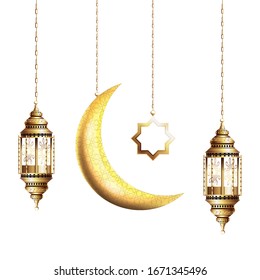 ramadan kareem golden lanterns hanging with crecent moon vector illustration graphic design