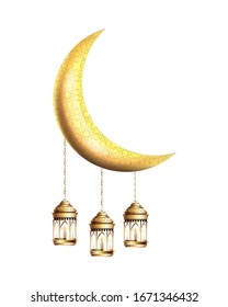 ramadan kareem golden lanterns hanging with crecent moon vector illustration graphic design