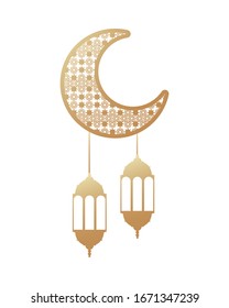 ramadan kareem golden lanterns hanging with crecent moon vector illustration graphic design